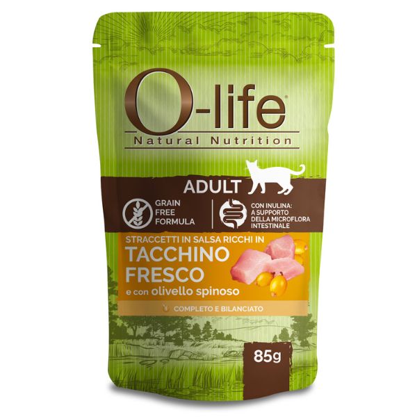 Image of O-life Cat Adult Grain Free Straccetti in salsa 85 gr - Tacchino fresco con olivello spinoso Confezione da 6 pezzi Cibo umido per gatti