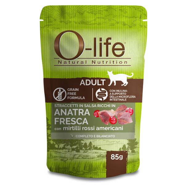 Image of O-life Cat Adult Grain Free Straccetti in salsa 85 gr - Anatra fresca con mirtilli rossi Confezione da 6 pezzi Cibo umido per gatti