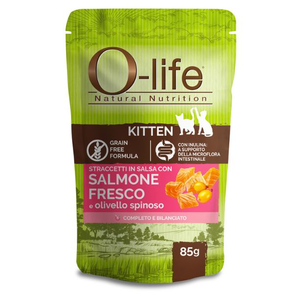 Image of O-life Cat Kitten Grain Free Straccetti in salsa 85 gr - Salmone fresco con olivello spinoso Confezione da 6 pezzi Cibo umido per gatti