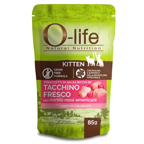 Image of O-life Cat Kitten Grain Free Straccetti in salsa 85 gr - Tacchino fresco con mirtilli rossi Confezione da 6 pezzi Cibo umido per gatti