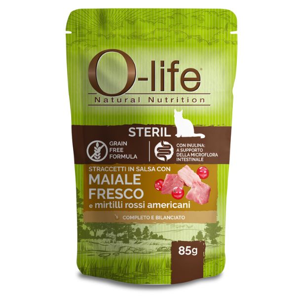 Image of O-life Cat Sterilised Grain Free Straccetti in salsa 85 gr - Maiale fresco Confezione da 6 pezzi Cibo umido per gatti