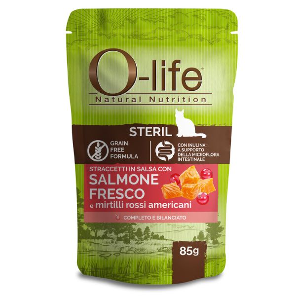Image of O-life Cat Sterilised Grain Free Straccetti in salsa 85 gr - Salmone fresco Confezione da 6 pezzi Cibo umido per gatti