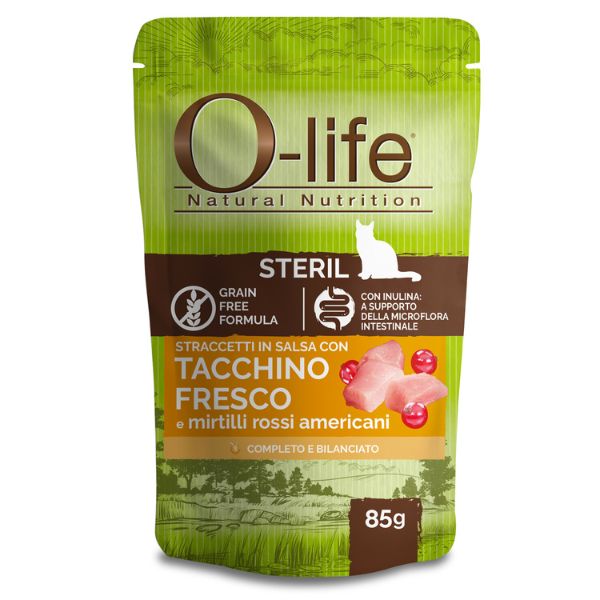 Image of O-life Cat Sterilised Grain Free Straccetti in salsa 85 gr - Tacchino fresco Confezione da 6 pezzi Cibo umido per gatti