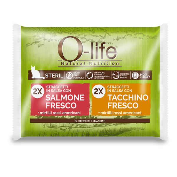 Image of O-life Cat Sterilised Grain Free Straccetti in salsa multipack 4x85 gr - 2x salmone fresco - 2x tacchino fresco Cibo umido per gatti