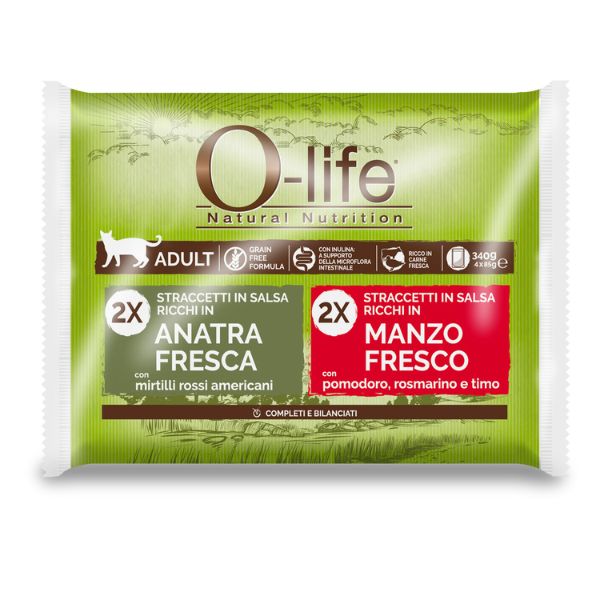 Image of O-life Cat Adult Grain Free Straccetti in salsa multipack 4x85 gr - 2x anatra fresca - 2x manzo fresco Cibo umido per gatti