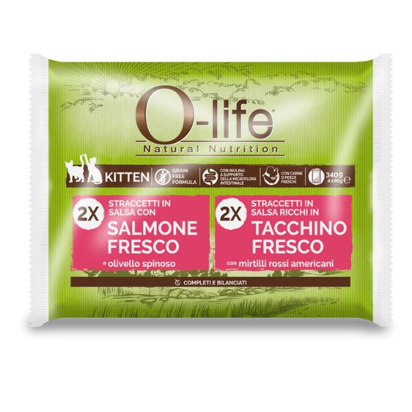 Image of O-life Cat Kitten Grain Free Straccetti in salsa multipack 4x85 gr - 2x salmone fresco - 2x tacchino fresco Cibo umido per gatti