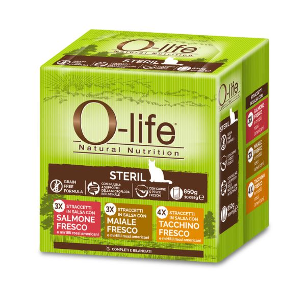 Image of O-life Cat Sterilised Grain Free Straccetti in salsa multipack 10x85 gr - Multigusto Cibo umido per gatti