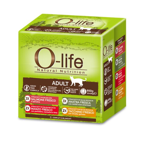 Image of O-life Cat Adult Grain Free Straccetti in salsa multipack 10x85 gr - Multigusto Cibo umido per gatti