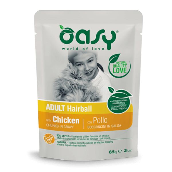 Image of Oasy Cat Bocconcini in salsa 85 gr - Hairball Pollo Confezione da 12 pezzi Cibo umido per gatti