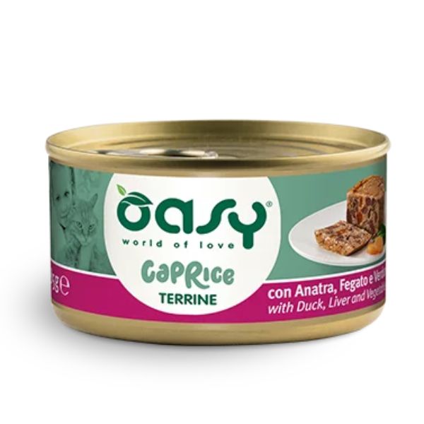 Image of Oasy Caprice Cat Adult Terrine 85 gr - Anatra, fegato e verdure Confezione da 18 pezzi Cibo umido per gatti