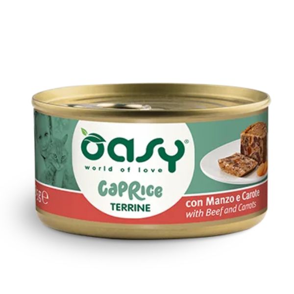 Image of Oasy Caprice Cat Adult Terrine 85 gr - Manzo e carote Confezione da 18 pezzi Cibo umido per gatti