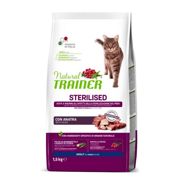 Image of Natural Trainer Adult Sterilised con Anatra - 1,5 Kg Croccantini per gatti Monoproteico crocchette cani