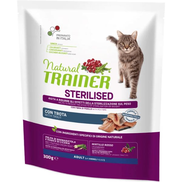 Image of Natural Trainer Adult Sterilised con Trota - 300 gr Croccantini per gatti Monoproteico crocchette cani