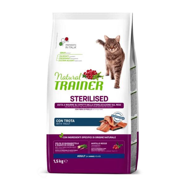 Image of Natural Trainer Adult Sterilised con Trota - 1,5 Kg Croccantini per gatti Monoproteico crocchette cani