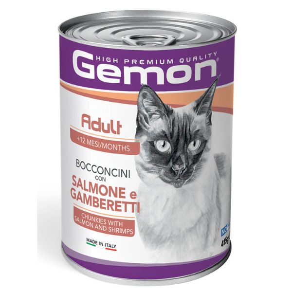 Image of Monge Gemon Cat Adult Bocconcini 415 gr - con Salmone e Gamberetti Confezione da 24 pezzi Cibo umido per gatti