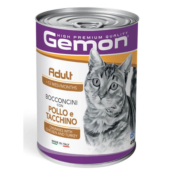 Image of Monge Gemon Cat Adult Bocconcini 415 gr - con Pollo e Tacchino Confezione da 24 pezzi Cibo umido per gatti