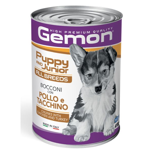 Image of Monge Gemon Dog Puppy e Junior All Breeds Bocconi 415 gr - Pollo e Tacchino Confezione da 24 pezzi Cibo Umido per Cani