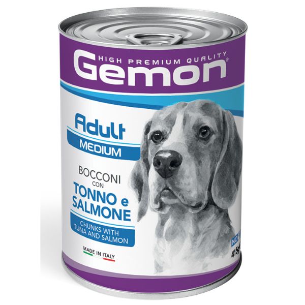Image of Monge Gemon Dog Adult Medium Bocconi 415 gr - Tonno e Salmone Confezione da 24 pezzi Cibo Umido per Cani