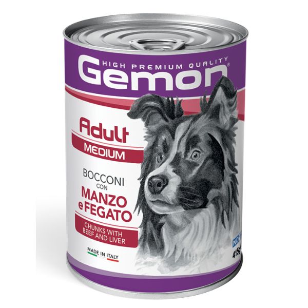 Image of Monge Gemon Dog Adult Medium Bocconi 415 gr - Manzo e Fegato Confezione da 24 pezzi Cibo Umido per Cani