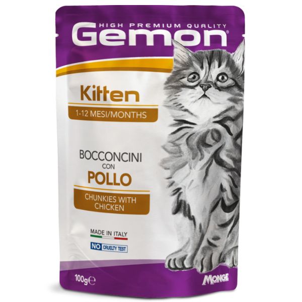 Image of Monge Gemon Cat Kitten Bocconcini 100 gr - Pollo Confezione da 24 pezzi Cibo umido per gatti