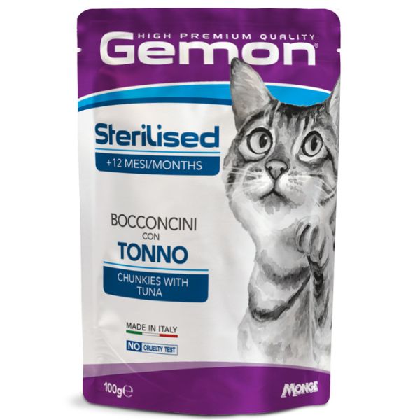 Image of Monge Gemon Cat Sterilised Bocconcini 100 gr - Tonno Confezione da 24 pezzi Cibo umido per gatti