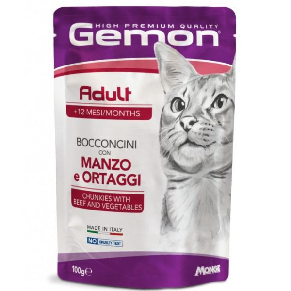 Image of Monge Gemon Cat Adult Bocconcini 100 gr - con Manzo e Ortaggi Confezione da 24 pezzi Cibo umido per gatti