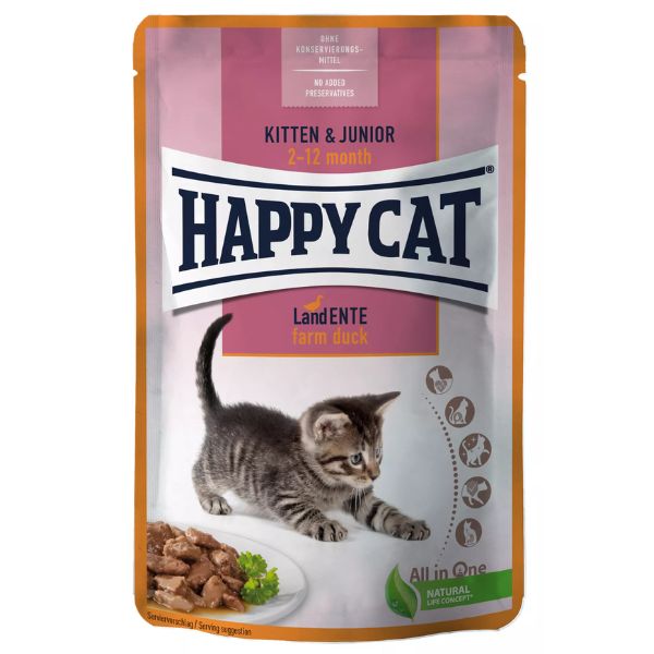 Image of Happy Cat bocconi in salsa Kitten e Junior 85 gr - Anatra Confezione da 24 pezzi Cibo umido per gatti
