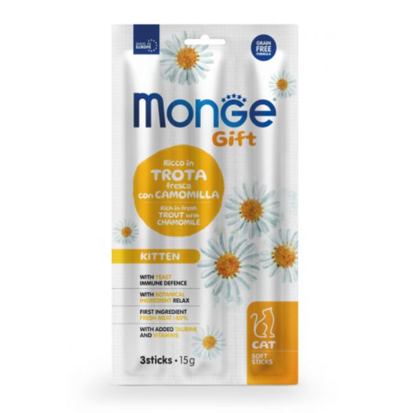 Immagine di Monge Gift snack grain free per gattini - Trota con camomilla - stick da 15 gr