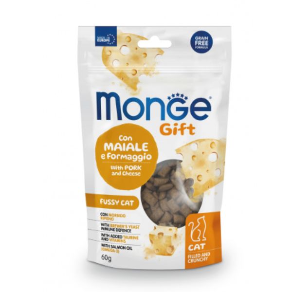 Image of Monge Gift snack grain free per gatti Appetito Difficile - Maiale e formaggio - biscottini ripieni 60 gr
