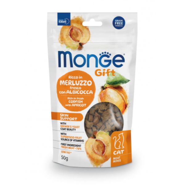 Image of Monge Gift snack grain free per gatti Skin Support - Merluzzo fresco con albicocca - meat minis 50 gr