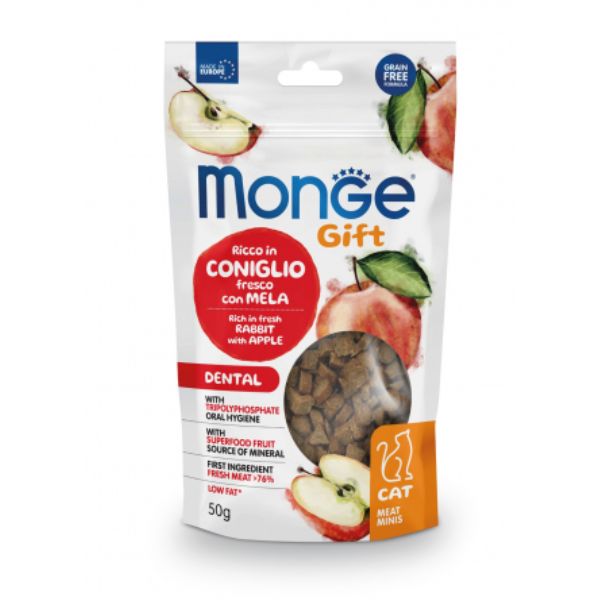 Image of Monge Gift snack grain free per gatti Dental - Coniglio con mela - meat minis 50 gr