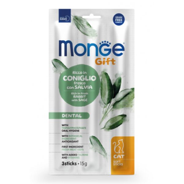 Image of Monge Gift snack grain free per gatti Dental - Coniglio con salvia - stick da 15 gr