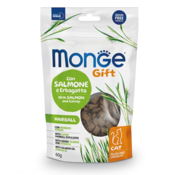 Image of Monge Gift snack grain free per gatti Hairball - Salmone con erba gatta - biscottini ripieni 60 gr