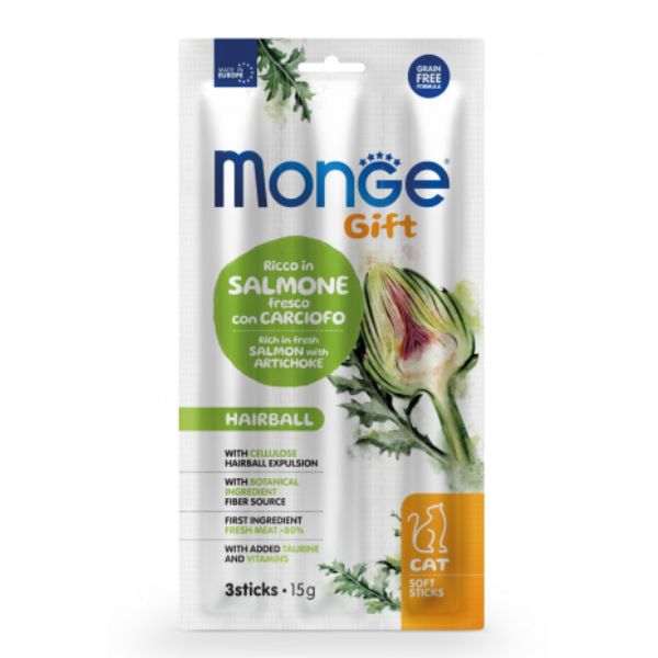 Image of Monge Gift snack grain free per gatti Hairball - Salmone con carciofi - stick da 15 gr