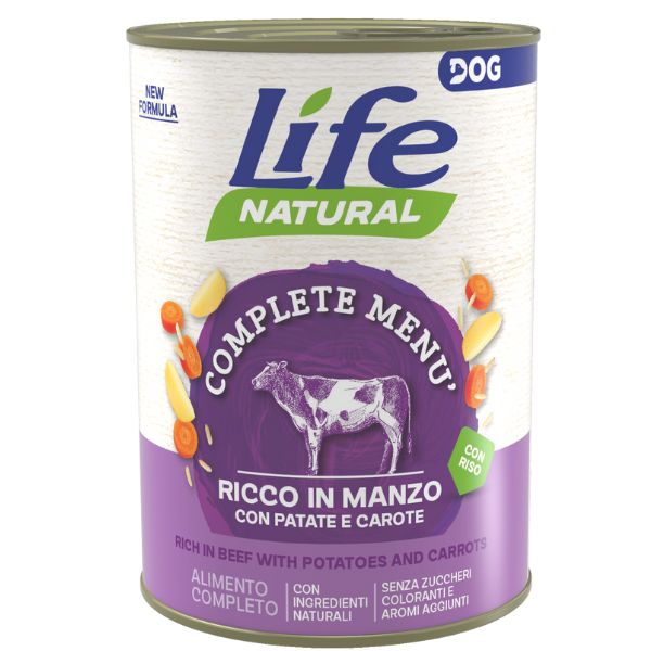 Image of Life Dog Complete Menu umido per cani 400 gr - Manzo a Pezzettoni con Patate e Carote Confezione da 6 pezzi Cibo Umido per Cani