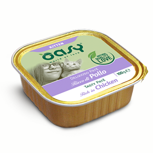 Image of Oasy Cat Kitten Delizioso Patè 100 gr - Pollo Confezione da 16 pezzi Cibo umido per gatti