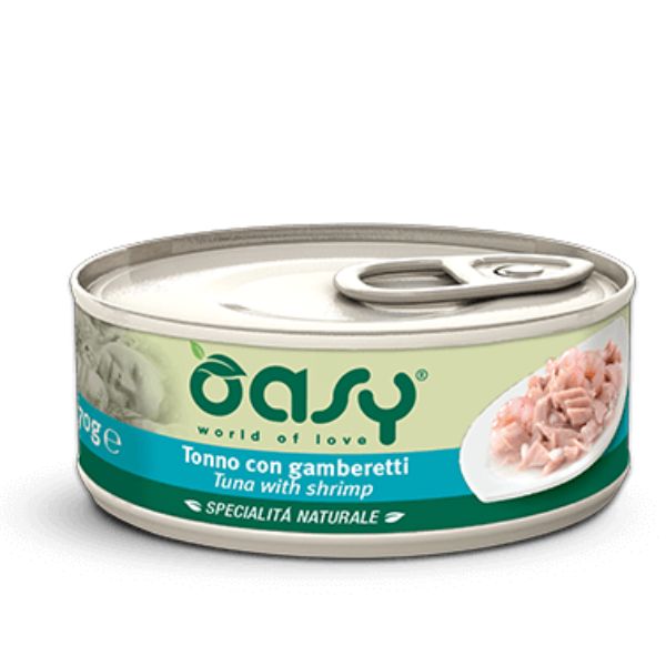 Image of Oasy Specialità Naturale Cat Adult Straccetti in soft-jelly 70 gr - Tonno e Gamberetti Confezione da 24 pezzi Cibo umido per gatti