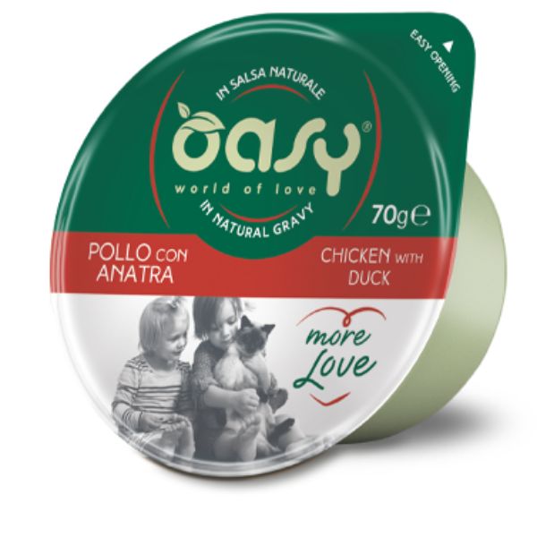 Image of Oasy More Love Cat Green Cup in salsa naturale 70 gr - Pollo e Anatra Confezione da 6 pezzi Cibo umido per gatti