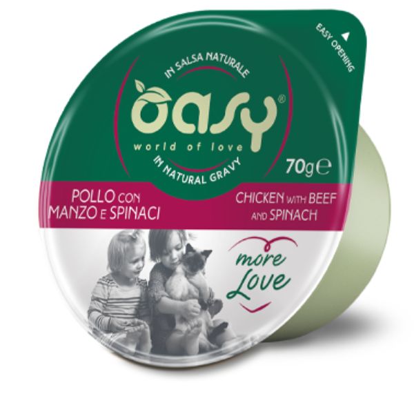 Image of Oasy More Love Cat Green Cup in salsa naturale 70 gr - Pollo Manzo con Spinaci Confezione da 24 pezzi Cibo umido per gatti