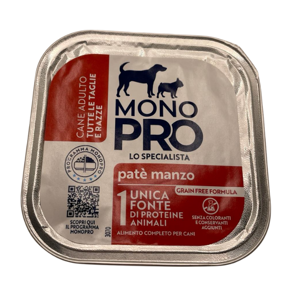 Image of Monopro lo specialista Adult All Breeds Patè Grain Free 150 gr - Manzo Monoproteico crocchette cani Cibo Umido per Cani