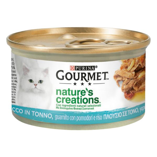 Image of Gourmet Nature's Creations 85 gr - Tonno, pomodori e riso Confezione da 24 pezzi Cibo umido per gatti