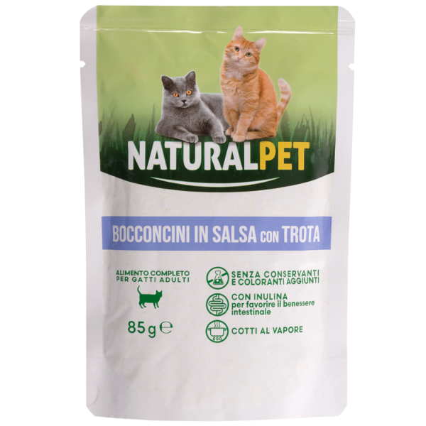 Image of NaturalPet Cat Adult Bocconcini in salsa 85 gr - Trota Confezione da 6 pezzi Cibo umido per gatti