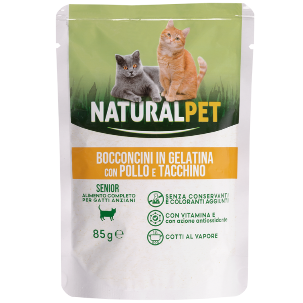 Image of NaturalPet Cat Senior Bocconcini in gelatina 85 gr - Pollo e tacchino Confezione da 6 pezzi Cibo umido per gatti