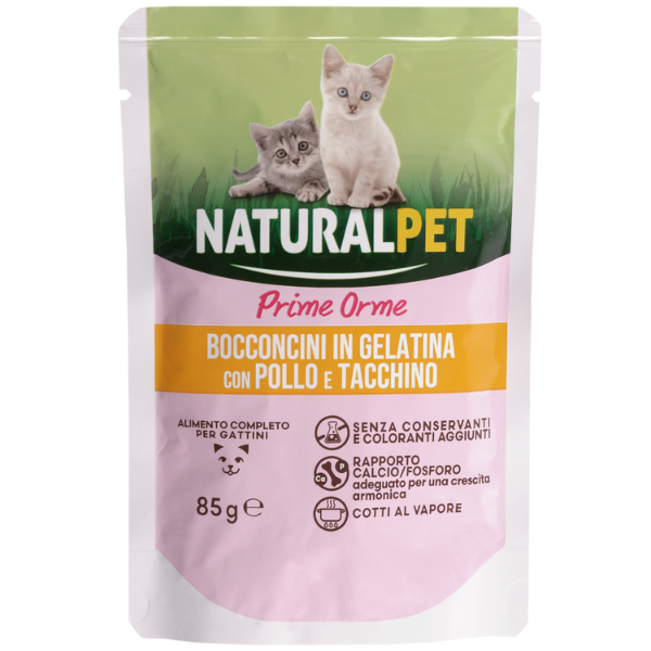 Image of NaturalPet Prime Orme Kitten bocconcini in gelatina 85 gr - Pollo e tacchino Confezione da 6 pezzi Cibo umido per gatti