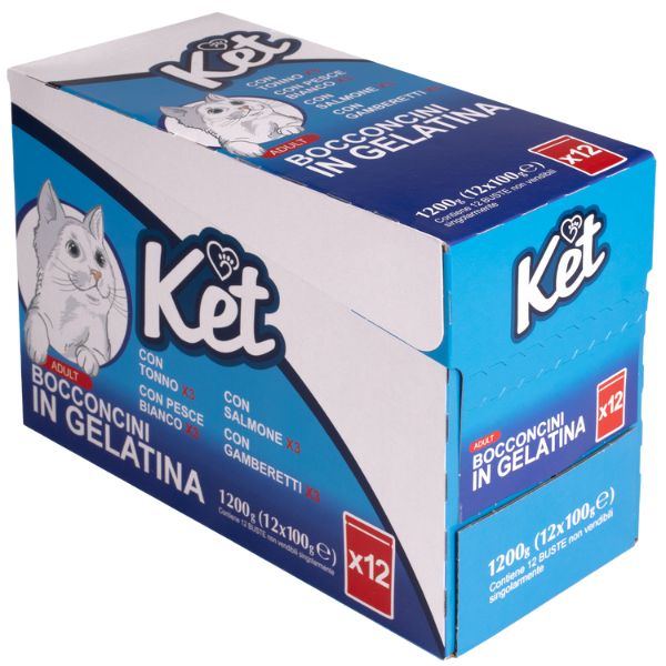 Image of Ket Adult Bocconcini in gelatina multipack 12x100 gr - tonno-salmone-pesce bianco-gamberetti Cibo umido per gatti