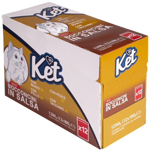 Image of Ket Adult Bocconcini in salsa multipack 12x100 gr - manzo-pollo-pesce-tacchino Cibo umido per gatti