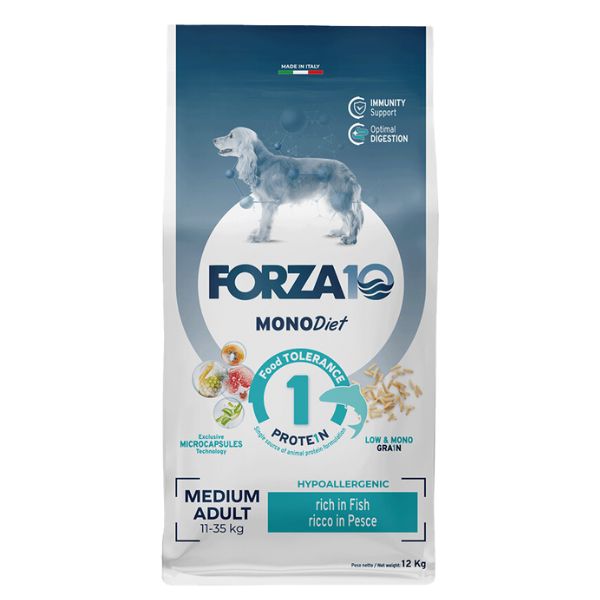 Image of Forza10 MonoDiet Medium Adult Low Grain Hypoallergenic Pesce - 12 kg Croccantini per cani