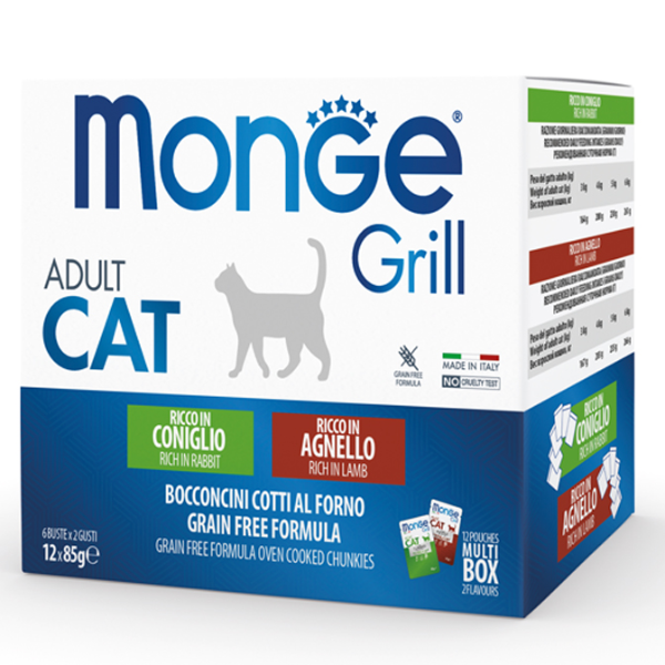Image of Monge Grill Adult Cat Grain Free Multipack 12x85 gr - Multibox coniglio - agnello Cibo umido per gatti