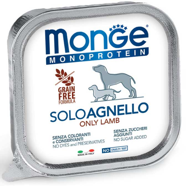 Image of Monge Monoprotein SOLO Patè Grain Free 150 gr - Agnello Confezione da 24 pezzi Monoproteico crocchette cani Cibo Umido per Cani