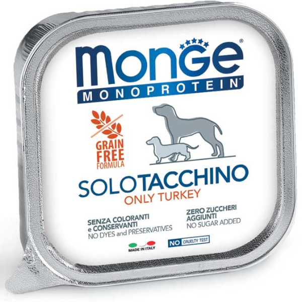 Image of Monge Monoprotein SOLO Patè Grain Free 150 gr - Tacchino Confezione da 24 pezzi Monoproteico crocchette cani Cibo Umido per Cani